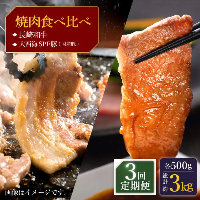 【訳あり】【3回定期便】【牛vs豚】長崎和牛 大西海SPF豚（国産豚） 焼肉食べ比べ【大西海ファーム食肉加工センター】 [CEK171]