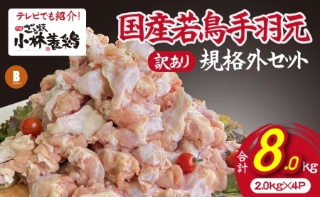 【テレビで紹介！元祖ざる焼き小林養鶏】国産若鶏の手羽元　訳あり規格外品セット（2kg×4P 国産 鶏肉 訳あり 若鶏 手羽元 唐揚げ 煮物 大容量 限定 冷凍）