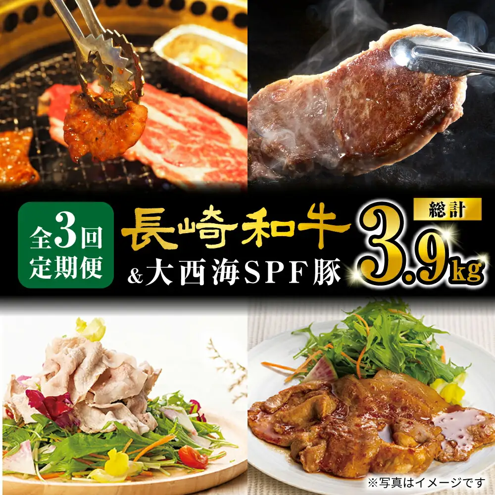 3回定期便 長崎和牛 大西海SPF豚 3種 総計3.9kg 訳あり ＜大西海ファーム＞ [CEK184] 定期便