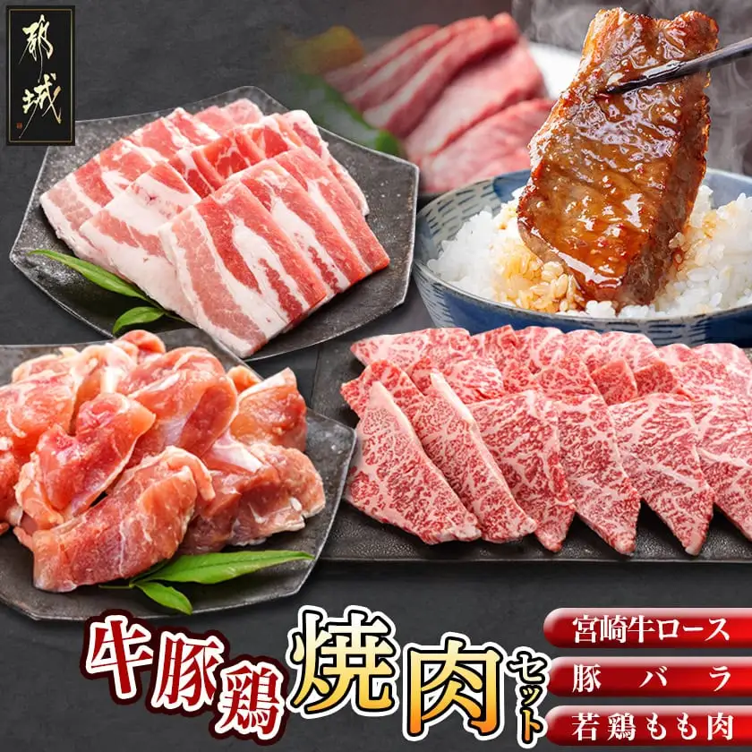 牛・豚・鶏の焼肉セット(宮崎牛ロース肉・豚バラ肉・若鶏もも肉)〔AC-I601〕_(都城市) 宮崎県産宮崎牛 ロースまたは肩ロース肉 宮崎県産豚 バラ肉 国産若鶏 もも肉 焼肉用