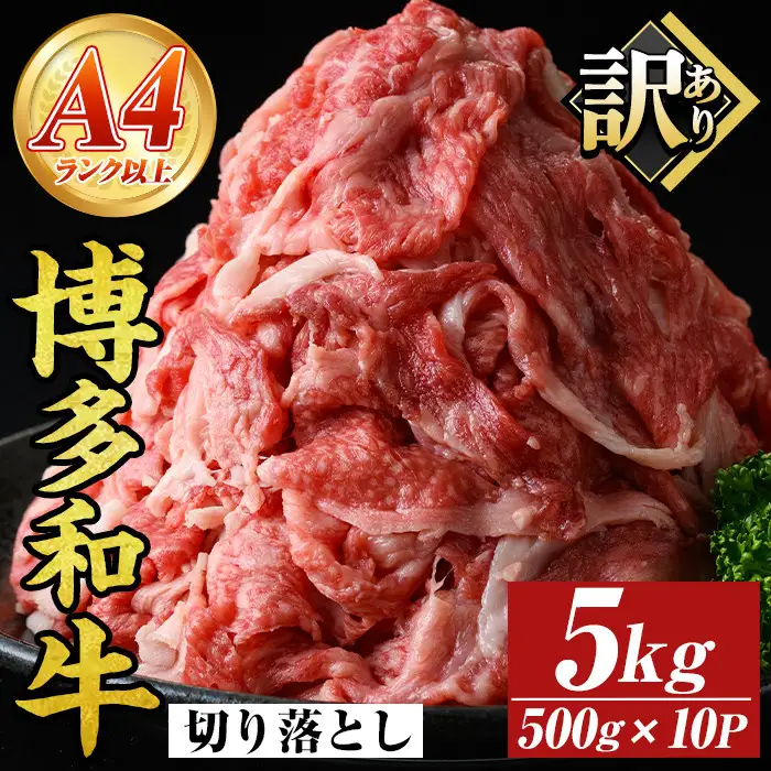 ＜訳アリ＞【A4～A5】博多和牛切り落とし(計5kg・500g×10P)国産 九州産 福岡県産 牛肉 和牛 黒毛和牛 お肉【MEAT PLUS】as08-042