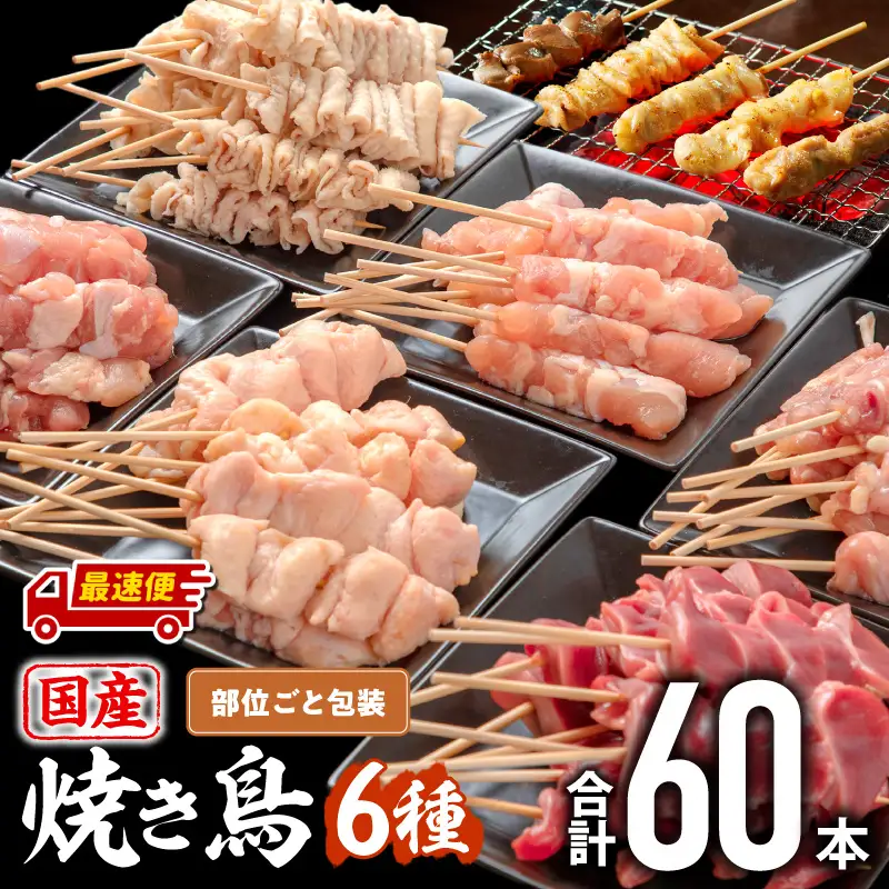  鶏肉 焼き鳥 鶏肉 [最速便 若鶏 焼き鳥セット 6種(60本) 盛り合わせ]