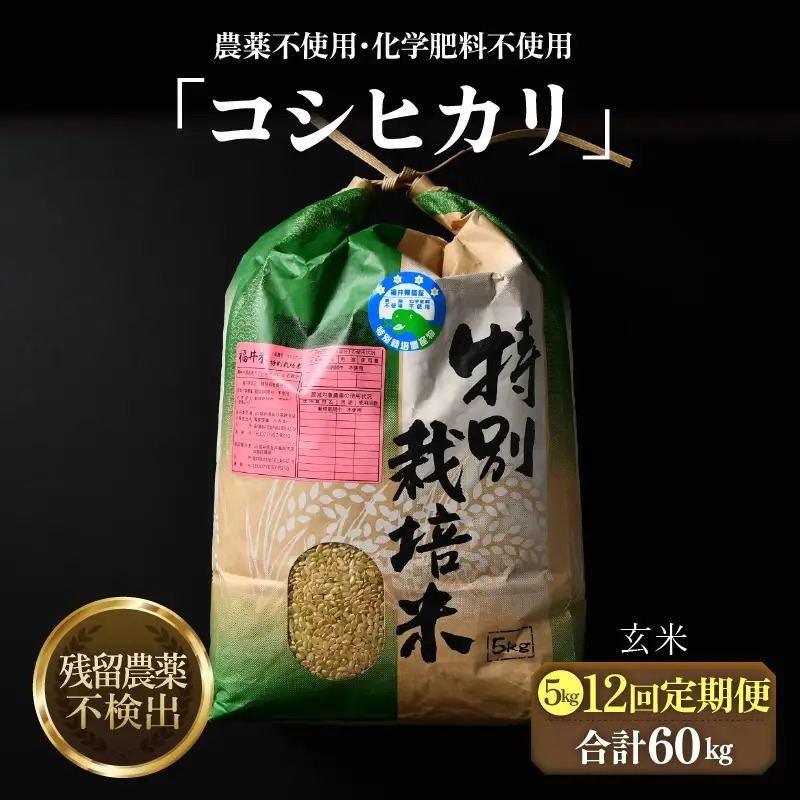 【先行予約】【令和8年産 新米】定期便《12ヶ月連続お届け》コシヒカリ 玄米 5kg （計60kg）特別栽培米 農薬不使用 化学肥料不使用 ／ 残留農薬ゼロ 高品質 鮮度抜群 福井県産 ブランド米 玄米 ※2026年10月上旬以降順次発送 [aw063-n004]