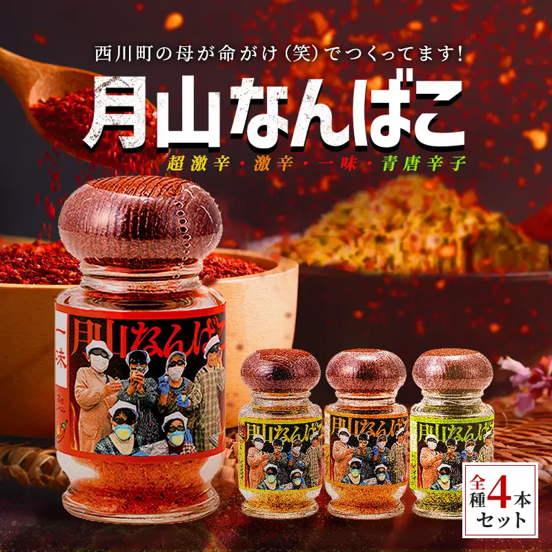 FYN9-645 山形県 西川町産 唐辛子使用！ 月山なんばこ 4種4本セット 調味料 食品 香辛料 スパイス 唐辛子 とうがらし 辛い 手作り 命がけ 山形県 西川町 月山