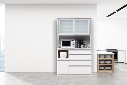 （ホワイト柾目）【開梱設置／受注製作】 ネオ キッチンボード 幅120cm 耐震 引き戸 食器棚 オープンボード 完成品 カップボード ダイニングボード 120幅 大川家具