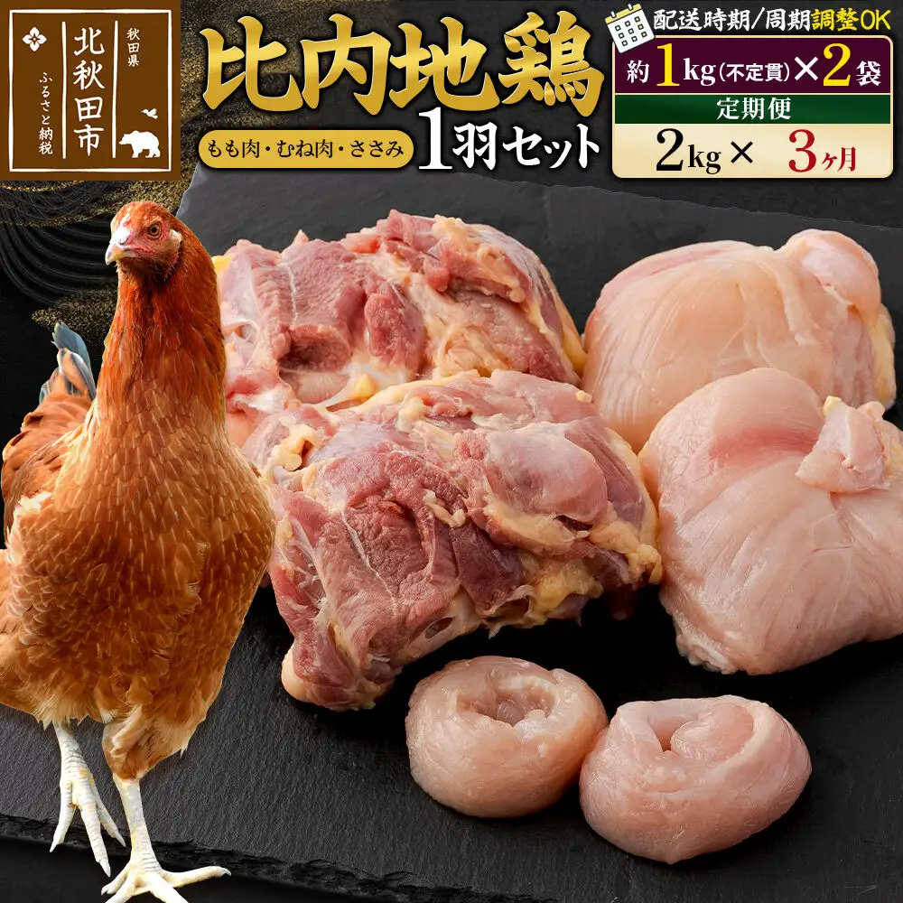 《定期便3ヶ月》 比内地鶏 1羽セット（もも肉・むね肉・ささみ）約2kg（約1kg（不定貫）×2袋）×3回 計6kg 時期選べる お届け周期調整可能 3か月 3ヵ月 3カ月 3ケ月 6キロ 国産 冷凍 正肉 鶏肉 鳥肉