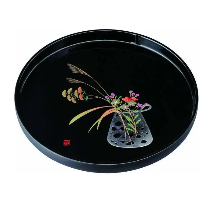 丸盆 30cm 黒 盛絵花かご ［YG465］
