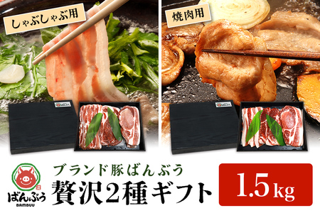 ブランド豚「ばんぶぅ」化粧箱入りギフト 2種（しゃぶしゃぶ用、焼肉用）計1.5kg 冷凍便 1.5キロ たっぷり 豚肉 豚ロース 豚肩ロース 豚バラ肉 豚ばら肉 スライス うす切り 薄切り 豚しゃぶ 焼き肉 ぶた肉 ブタ肉 国産 茨城県産 プレゼント 贈り物 贈答品 お祝い 42-AX