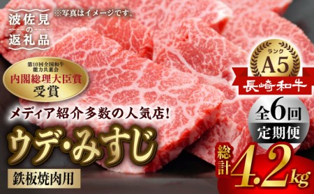 【全6回定期便】【A5ランク 希少部位】長崎和牛 ミスジ （ウデ肉） 焼肉用 スライス 700g【肉のあいかわ】 BBQ バーベキュー キャンプ 焼肉 贈答 ギフト 贈り物 お中元[NA97]