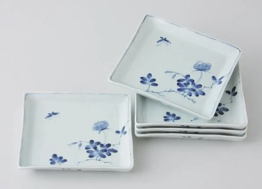 【波佐見焼】14.5×14.5cm手描き角取皿揃　５枚組　野原  【西海陶器】10649｜波佐見焼 陶器