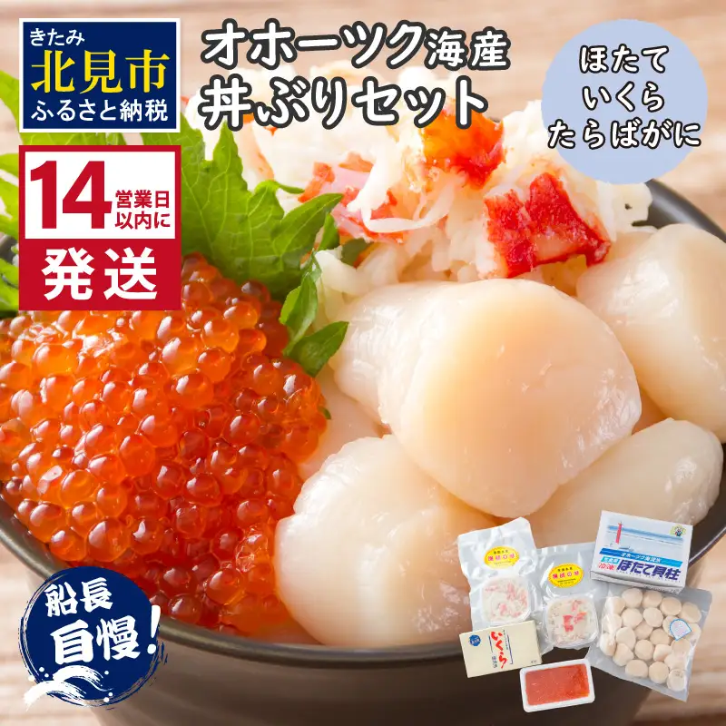 《14営業日以内に発送》ホタテとイクラとカニを食べつくす！船長おすすめのオホーツク丼ぶりセット ( オホーツク海 ホタテ ほたて 貝 魚介類 カニ かに 蟹 イクラ いくら 魚卵 鮭卵 鮭 さけ 海鮮丼 おつまみ 冷凍 )【114-0088】