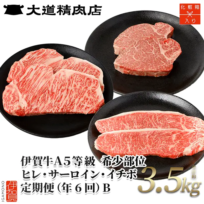 伊賀牛 【年6回】A5ヒレ・サーロイン・イチボ 定期便B 総合計約3.5kg【dido-tkb0005】