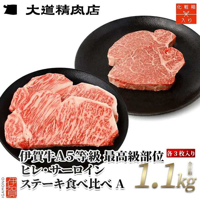 伊賀牛 A5 ヒレ・サーロイン 食べ比べステーキセットA 総合計約1.1kg 伊賀牛 【最高級部位】【dido0025】