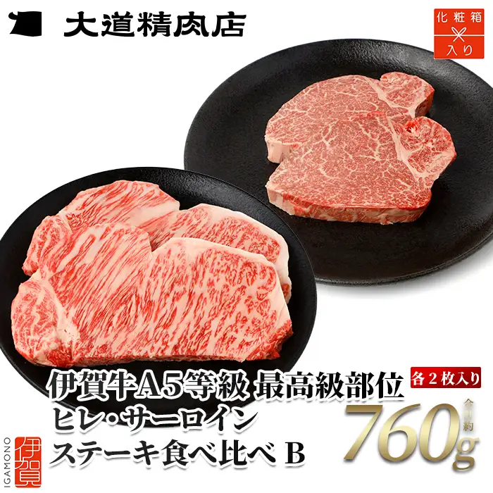 伊賀牛 A5 ヒレ・サーロイン 食べ比べステーキセットB 総合計約760g 伊賀牛 【最高級部位】【dido0026】