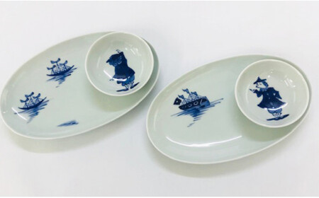 青花 絵変り楕円皿（24cm）とボウルのセット（2枚組） 小島芳栄堂 ar011
