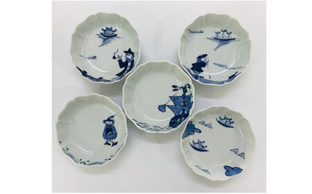 青花 船と異人シリーズ 絵変り八方割小鉢5個セット 小島芳栄堂 ar014