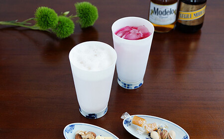 夕食を楽しませてくれる しん窯青花のパールシェルグラス(2個）と楕円小皿（2枚） の４点セット 小島芳栄堂 ar016