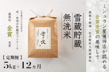 【令和8年産先行予約】 定期便 5kg ×12ヶ月 雪蔵貯蔵 無洗米 金賞受賞 魚沼産コシヒカリ 雪と技 農薬5割減・化学肥料5割減栽培 |津南町 魚沼
