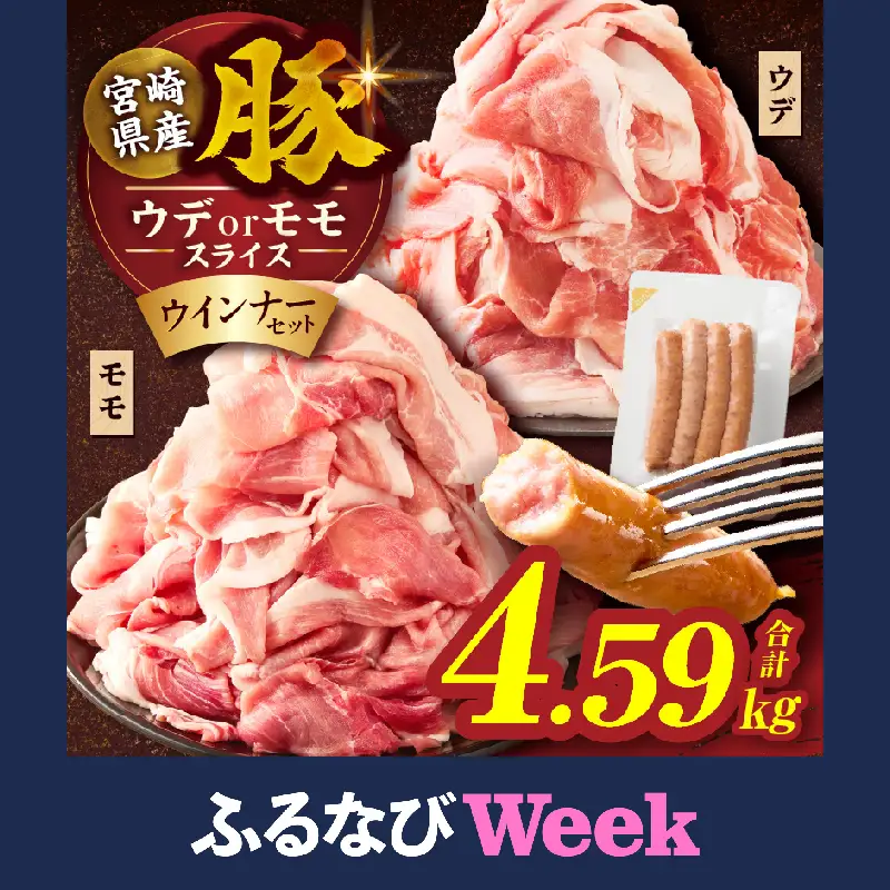 【ふるなびWEEK対象】【14営業日以内発送】≪訳あり≫宮崎県産豚スライス(ウデorモモ)&粗挽きウインナーセット合計4.59kg 肉 豚 豚肉 おかず 国産_T030-2076-14E-F