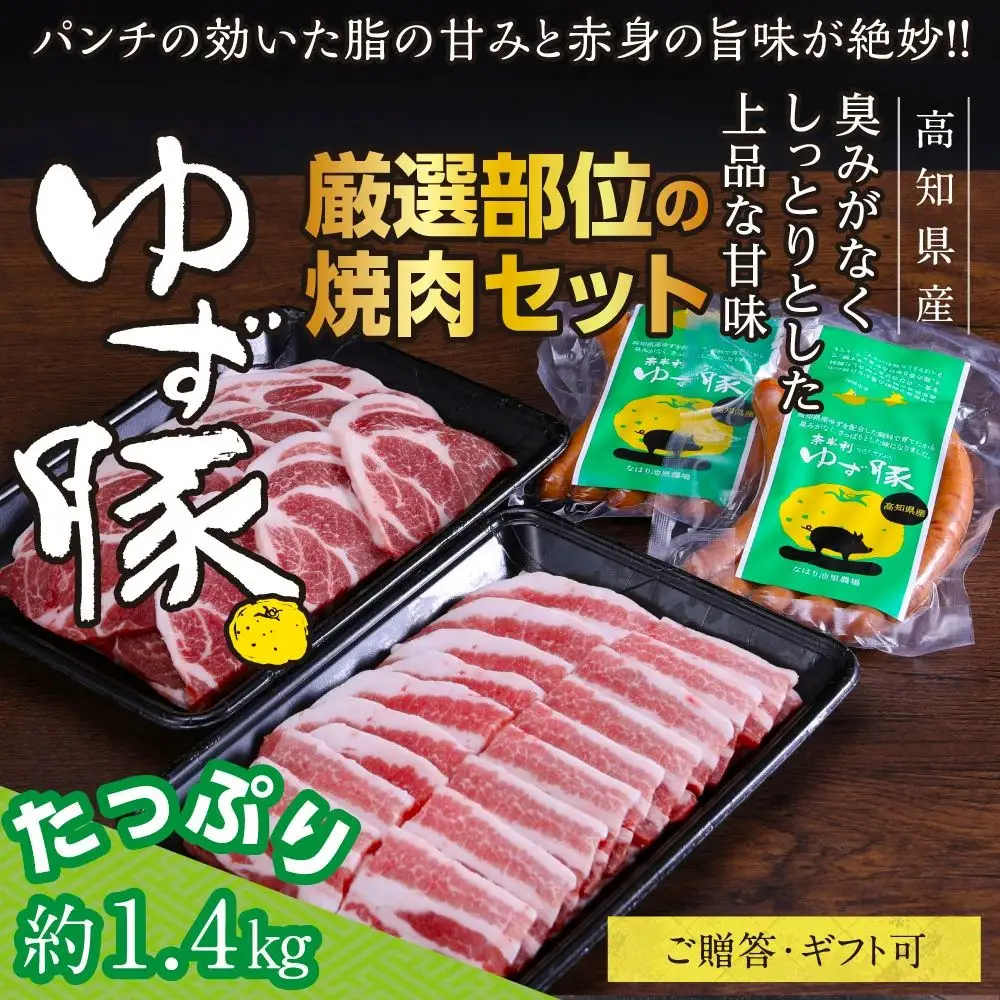 【高知のブランド豚/ゆず豚】厳選部位の焼肉セット（約1.4kg）- 焼肉用 肩ロース500g バラ500g ソーセージ5本入り×2P 