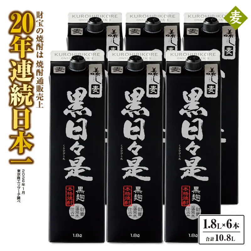 2026-1 麦焼酎 紙パック6本『黒日々是（麦）』温泉水仕立ての焼酎 KN021-009 酒 アルコール