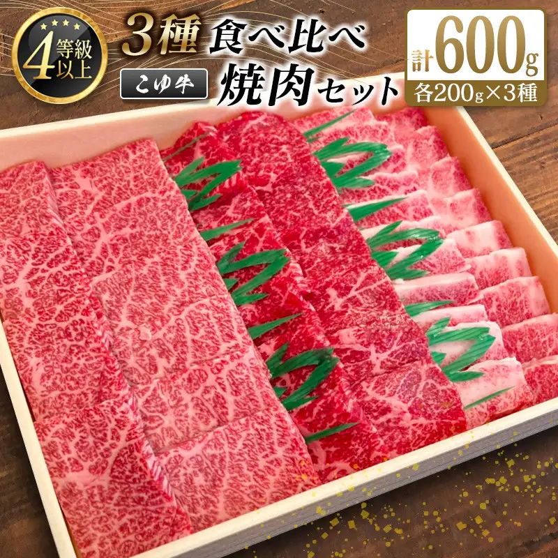 宮崎黒毛和牛『こゆ牛』3種食べ比べ 焼肉セット 計600g（カルビ・モモ・バラ）各200g A4等級以上【C404】