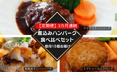 76-99A【3ヶ月連続お届け】湯せんで簡単！煮込みハンバーグ食べ比べセット 15個×3回お届け 総重量7.5kg以上！