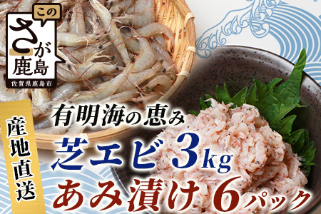【有明海産 アミエビ使用】あみ漬け 6パック ＆ 冷凍芝エビ（真エビ）3kg【鮮度抜群】C-98