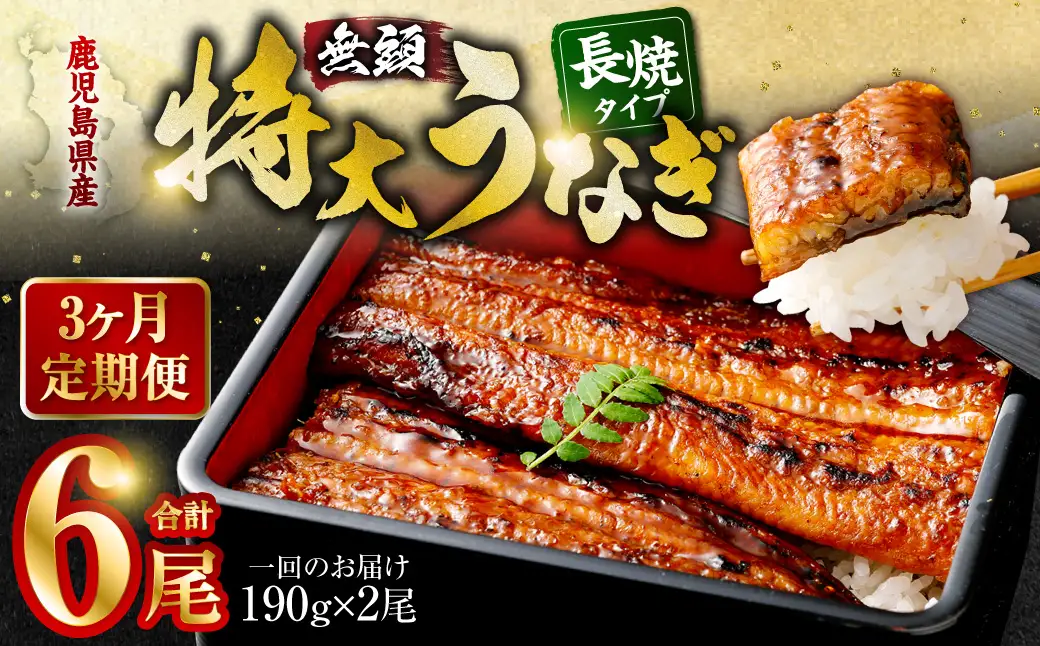 【3ヶ月定期便】鹿児島県産無頭特大うなぎ蒲焼約190g×2尾×3回 鹿児島 うなぎ 蒲焼 個包装 小分け 定期便 国産 DS-605