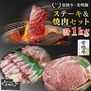 【常陸牛 A5ランク・美明豚ステーキ焼肉セット】常陸牛サーロイン600ｇ（300ｇ×２枚）＋美明豚400ｇ（ロース200ｇ・ばら200ｇ）  EK-35