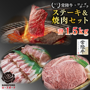 【常陸牛 A5ランク・ローズポークステーキ焼肉セット】常陸牛サーロイン900ｇ（300ｇ×３枚）＋ローズポーク600ｇ（ロース300ｇ・ばら300ｇ）EK-61