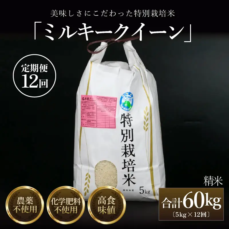 【先行予約】【令和8年産 新米】定期便《12ヶ月連続お届け》 特別栽培米 ミルキークイーン 精米 5kg (計60kg) 農薬不使用 化学肥料不使用 ／ 高品質 鮮度抜群 福井県産 ブランド米 白米 あわら産 ブランド米 ※ 2026年10月上旬以降順次発送 [aw063-o004]