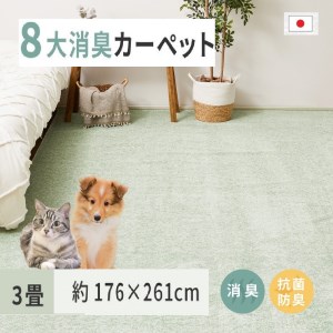 ペットにやさしい 8大消臭・抗菌 カーペット 1枚 3帖 グリーン 約176×261cm 600094830 [3481]
