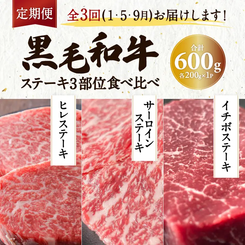 【全3回】黒毛和牛ステーキ3部位食べ比べ K098-T02 肉 牛肉 冷凍