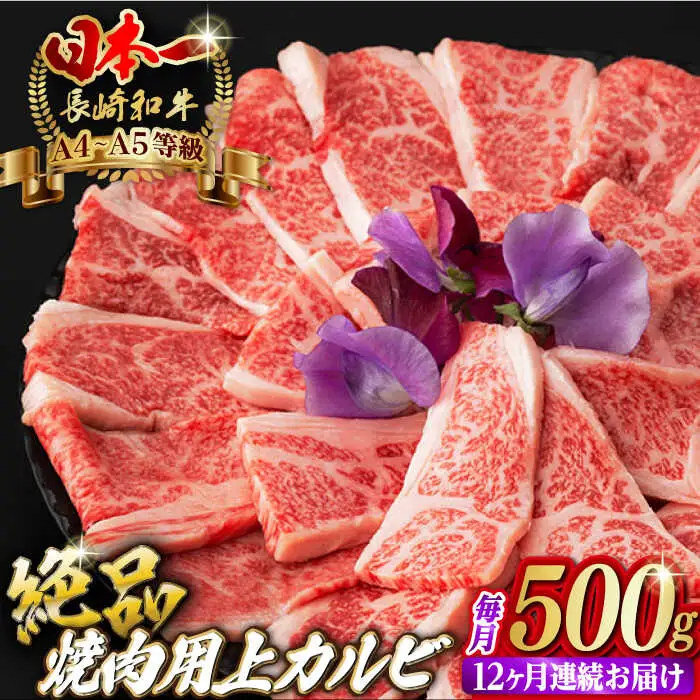 【全12回定期便】焼肉 上 カルビ 500g 長崎和牛 A4?A5ランク 【野中精肉店】 [VF36] 肉 牛肉 カルビ 焼き肉 キャンプ BBQ バーベキュー 定期便