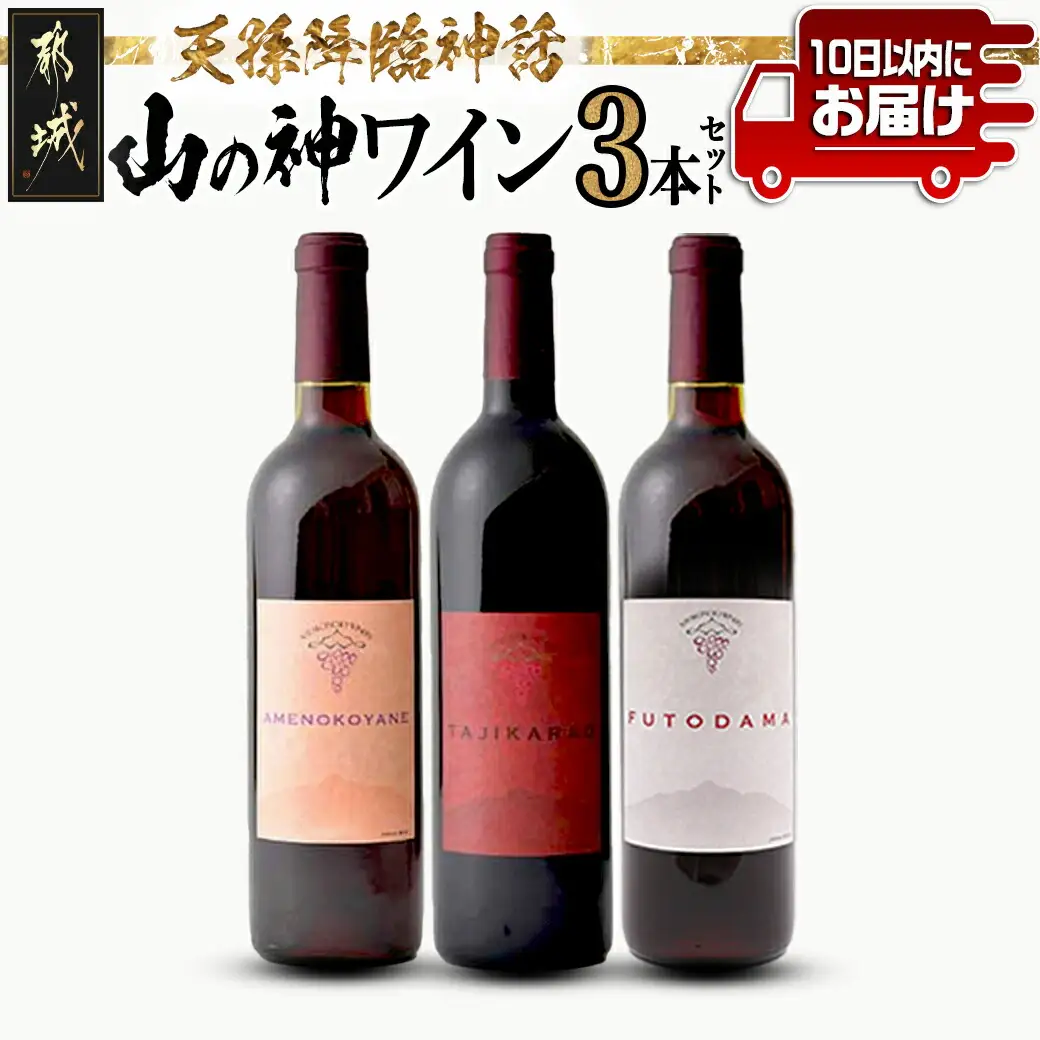 天孫降臨神話・山の神 ワイン3本セット ≪みやこんじょ特急便≫〔24-20-017-Q〕_(都城市) 都城産ワイン ワイナリー 赤 辛口 11度 12度 13度 720ml 750ml AMENOKOYANE TAJIKARAO FUTODAMA