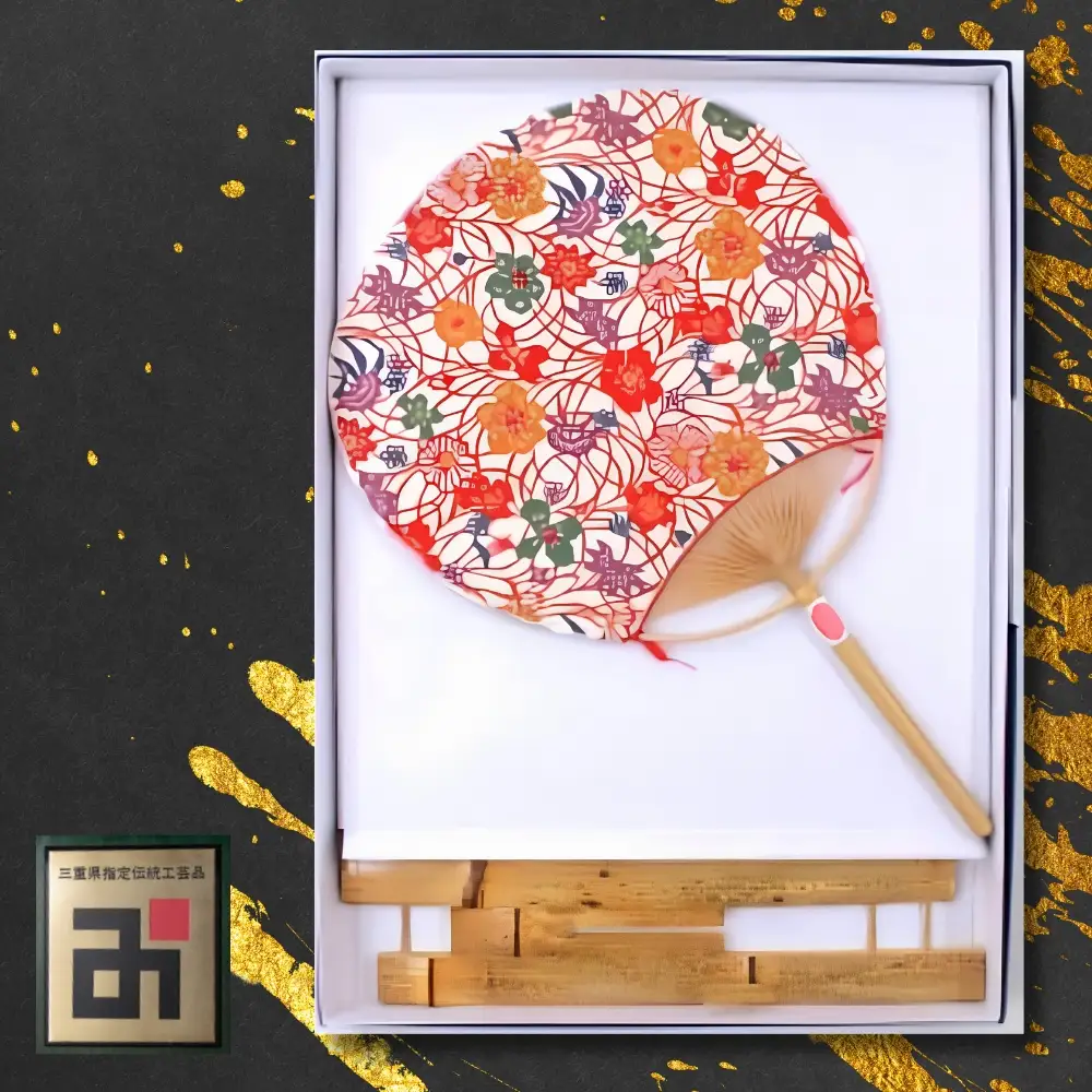 日永うちわ　香る（中）  両用うちわ立て付　Ａ：花と草 ベージュ