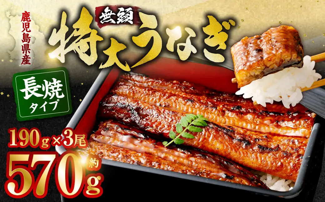 BS-338 鹿児島県産無頭特大うなぎ蒲焼約190g×3尾　合計約570g 食べごたえある3人前