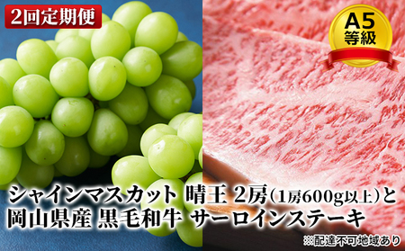 フルーツ 肉 2026年 晴れの国 おかやま シャイン マスカット 晴王 2房 と A5等級 黒毛 和牛 サーロイン ステーキ 2回 定期便 果物 岡山のブドウ お肉 牛肉 