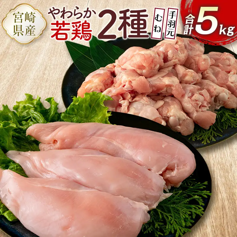 宮崎県産鶏肉 やわらか若鶏2種（むね・手羽元）合計5kg【A285-2505】