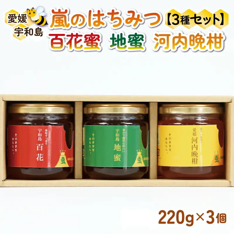 国産純粋はちみつ 嵐 の はちみつ 天然 100％ 3種 セット 百花蜜 地蜜 河内晩柑 みつばち屋嵐  F022-129001