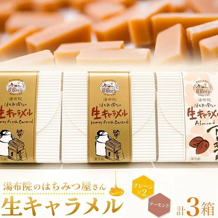【湯布院のはちみつ屋さん】国産蜂蜜を使用した2種の生キャラメル（プレーン×2・アーモンド）各12粒入り 計3箱