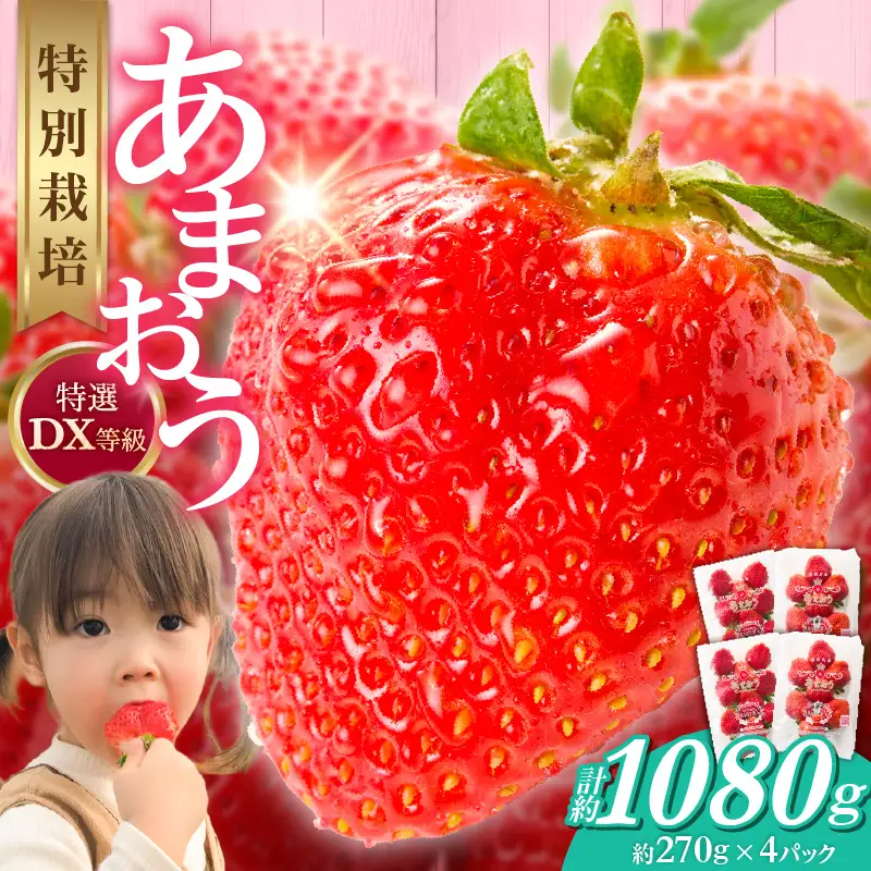 福岡県産【特別栽培】特選DX等級完熟あまおう　270g×4パック_福岡県産 特別栽培 特選 DX等級 完熟 あまおう 270g × 4パック 計 1080g 自然の恵み 濃厚 大粒 ジューシー 朝採れ いちご 宙づり ハンモック構造 贈答用 フルーツ デザート お取り寄せ 福岡県 久留米市 送料無料 〔Fi057〕