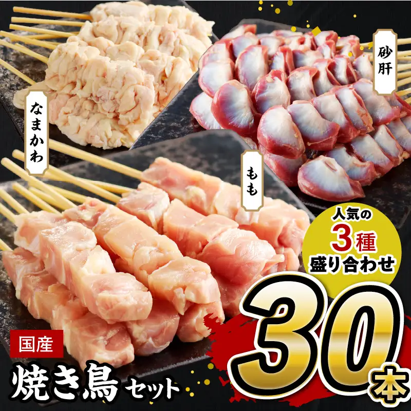 【焼き鳥セット 皮 ももなど人気3種 30本／小分け】国産焼き鳥セット 人気3種盛り合わせ30本（焼き鳥 もも串、なまかわ串、砂肝串）