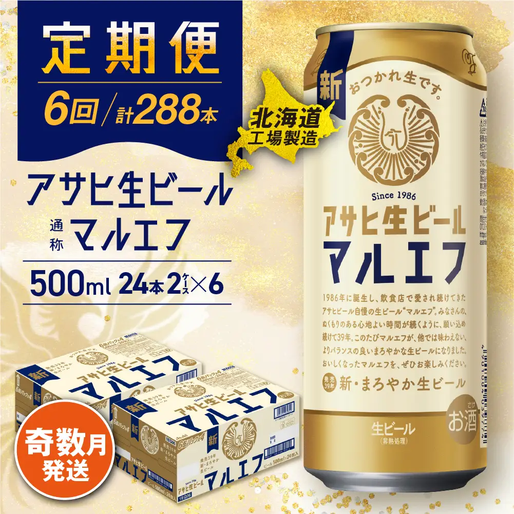 【定期便6回・奇数月発送】アサヒ生ビール≪マルエフ≫＜500ml＞24缶 2ケース 北海道工場製造