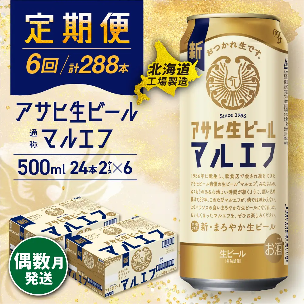 【定期便6回・偶数月発送】アサヒ生ビール≪マルエフ≫＜500ml＞24缶 2ケース 北海道工場製造