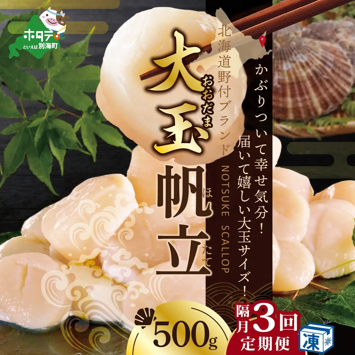 隔月3回定期便　北海道 野付産 漁協直送 冷凍ホタテ 貝柱 大玉ホタテ500ｇ 【NKB03NF01】 （ ほたて ホタテ 帆立 貝柱 ホタテ貝柱 北海道 野付 大粒 ）