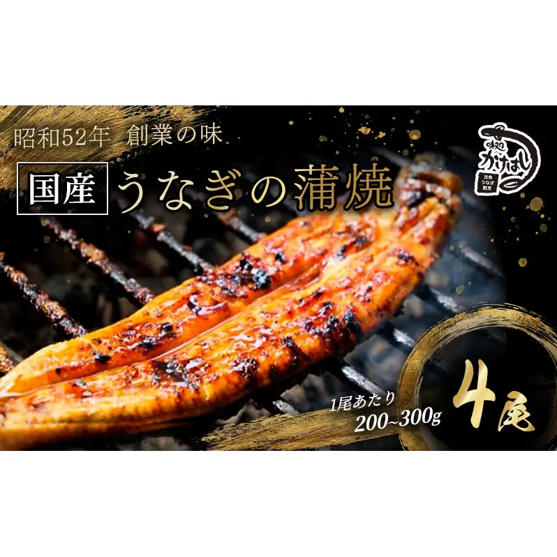 昭和52年創業の味 手焼き 国産 うなぎ 蒲焼き 4尾 1尾あたり 200～300g 国産 鰻 美味しい 職人仕上げ ふっくら肉厚 タレ付き 冷凍発送 ギフト 贈答用 お取り寄せ グルメ ご飯のお供 九州 福岡 老舗の味