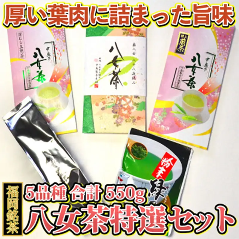 福岡銘茶 八女茶 特選セット 5種 合計550g 老舗製茶店の逸品 【銘茶 福岡銘茶 お取り寄せ 茶 お茶 おちゃ 八女茶 人気 おすすめ ソフトドリンク 飲料 常温 送料無料 CA010】