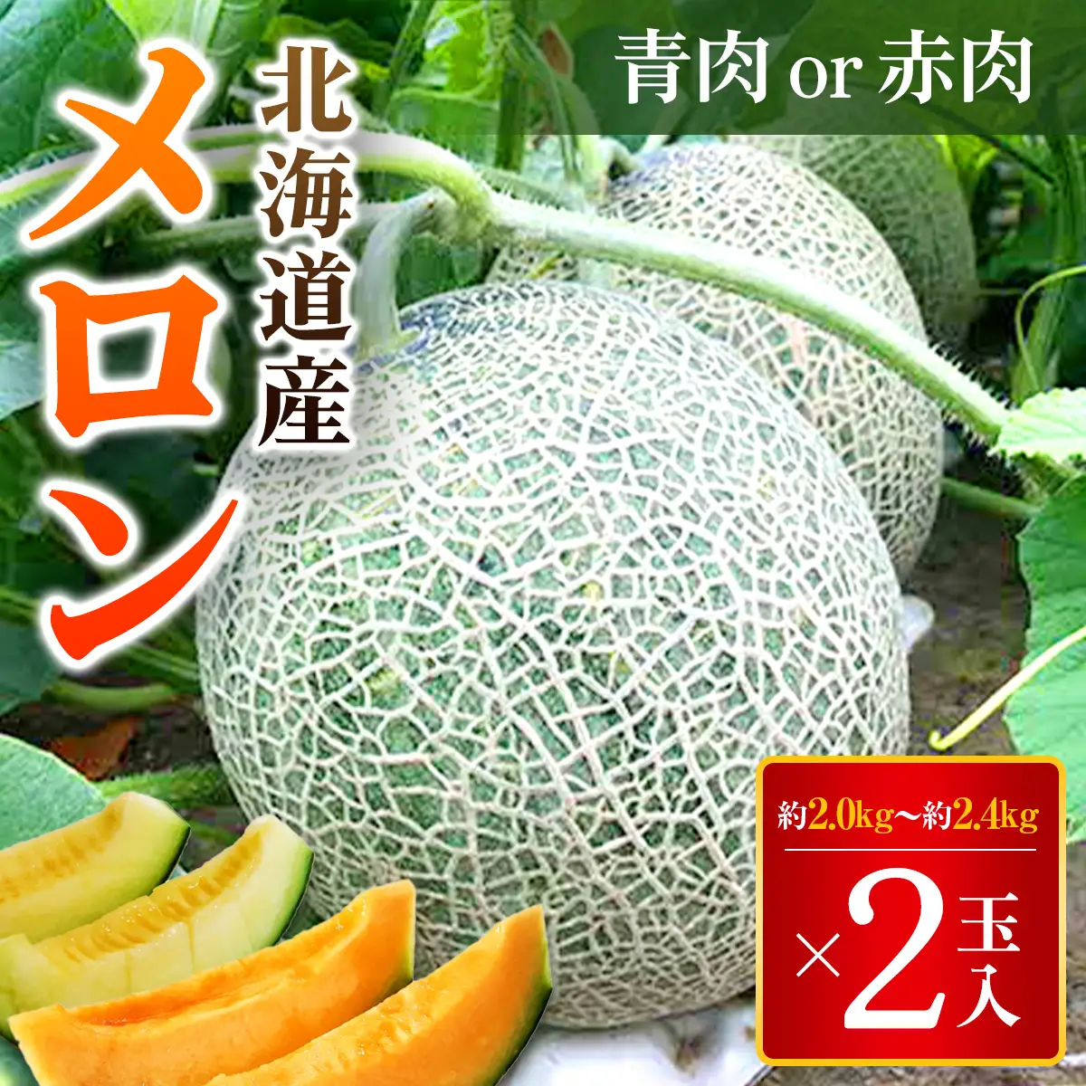 【2026年8月下旬より発送】大玉メロン2玉入1箱(赤肉1玉と青肉1玉、または赤肉2玉)　1玉 約2.0kg～約2.4kg ASO001